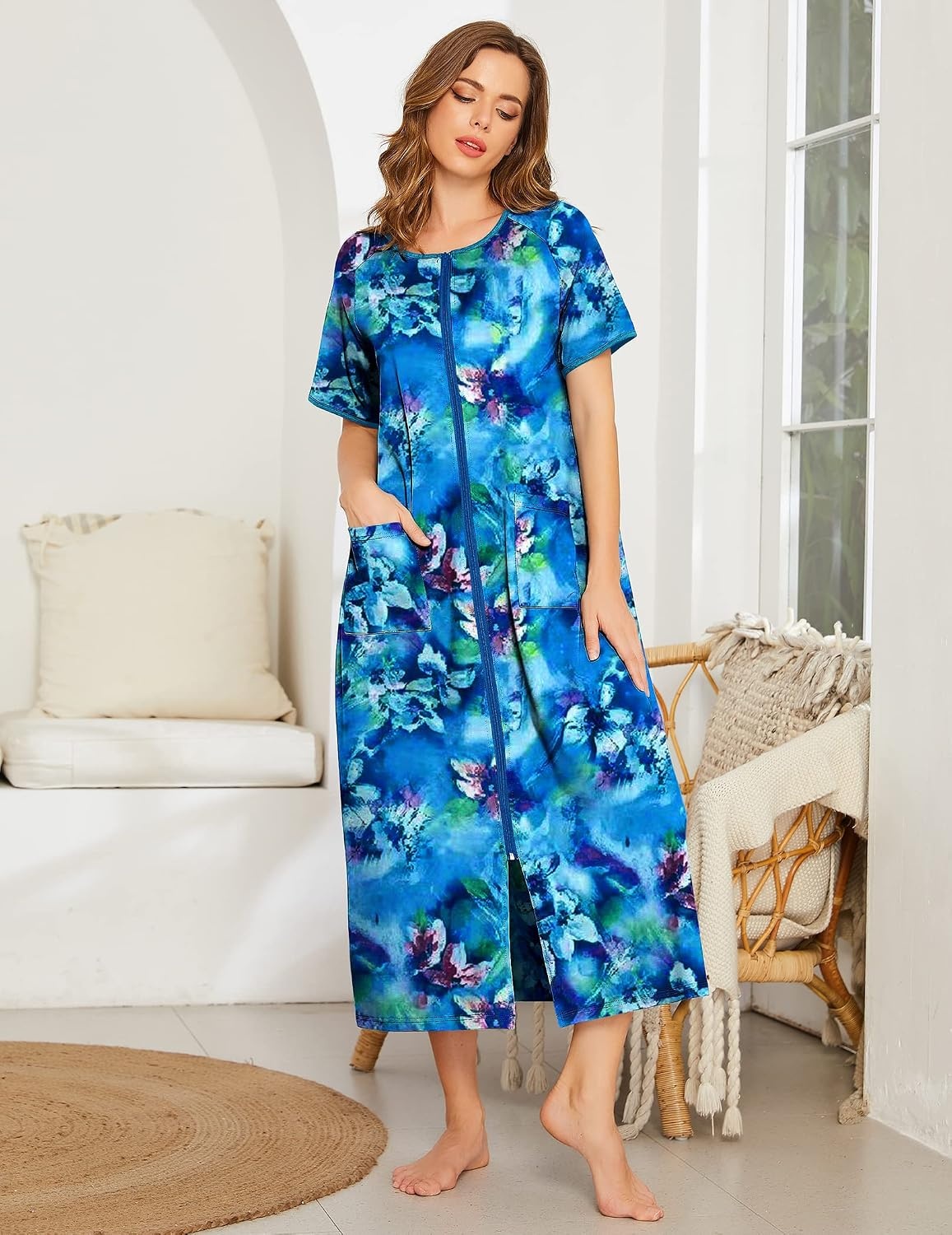 image:imageEkouaer Women Robe Zipper Short Sleeves Full Length House Coat with PocketsDark Blue Fower