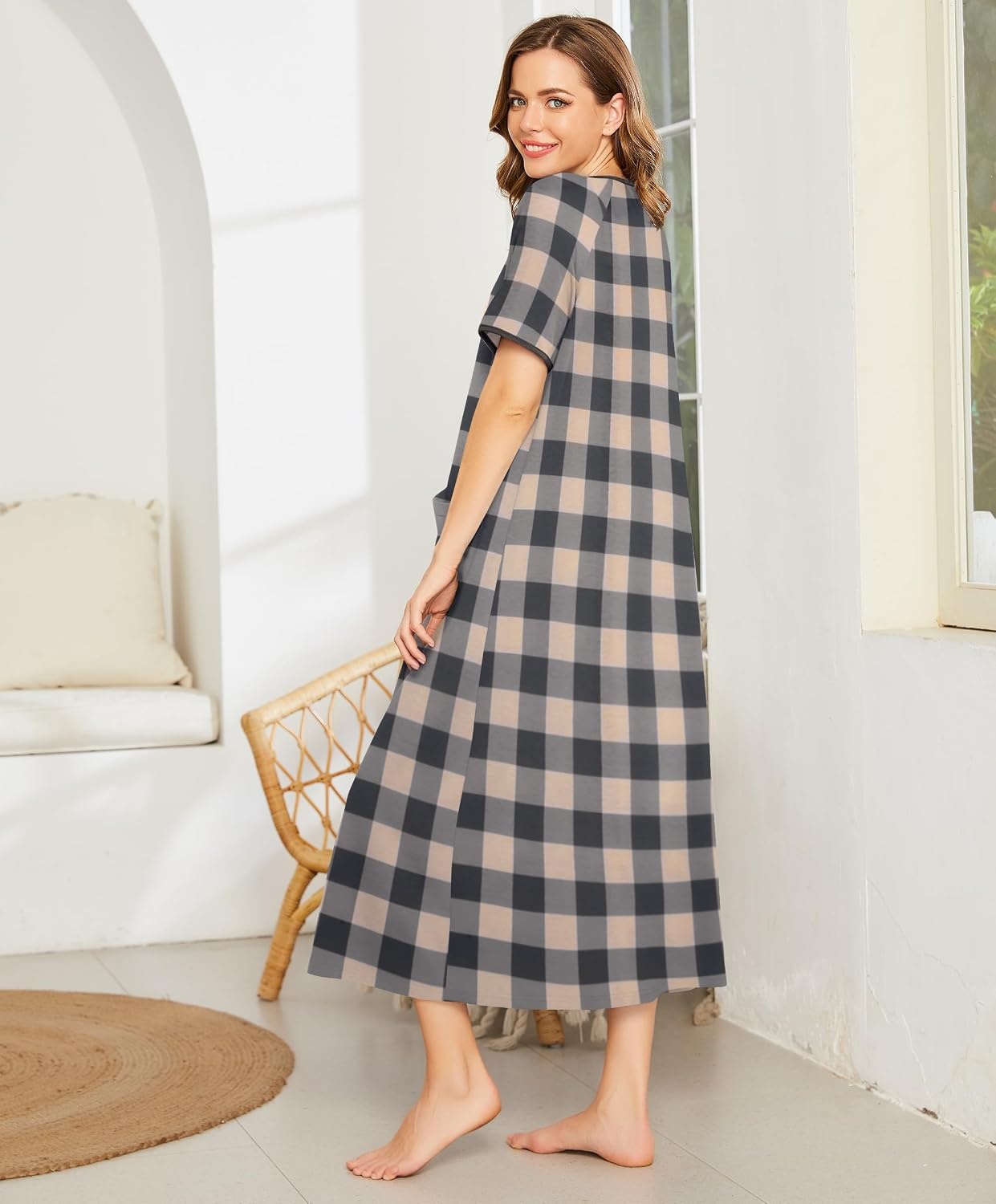 image:imageEkouaer Women Robe Zipper Short Sleeves Full Length House Coat with PocketsGray Plaid