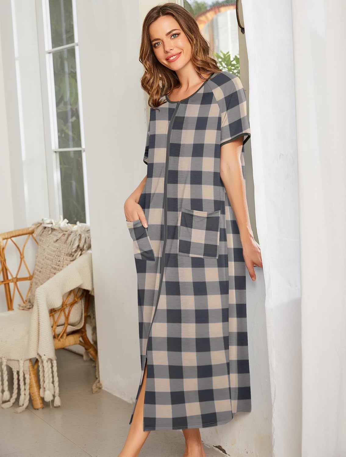 image:imageEkouaer Women Robe Zipper Short Sleeves Full Length House Coat with PocketsGray Plaid