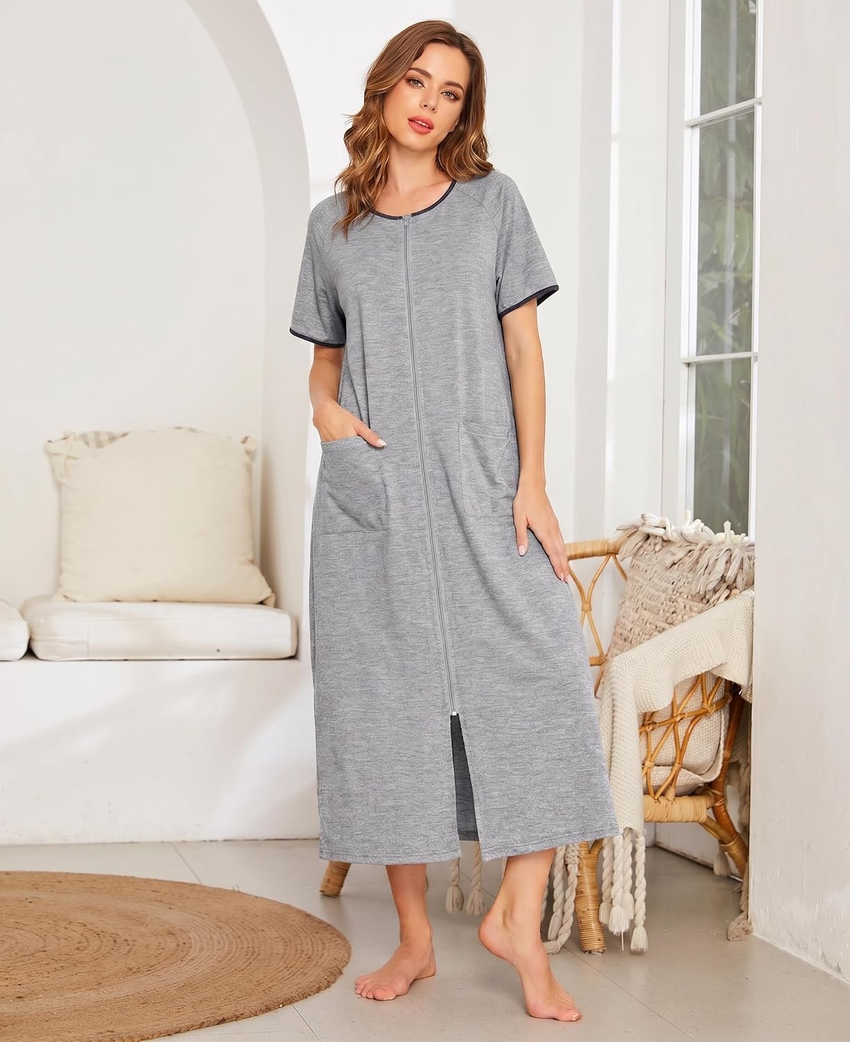 image:imageEkouaer Women Robe Zipper Short Sleeves Full Length House Coat with PocketsLight Gray