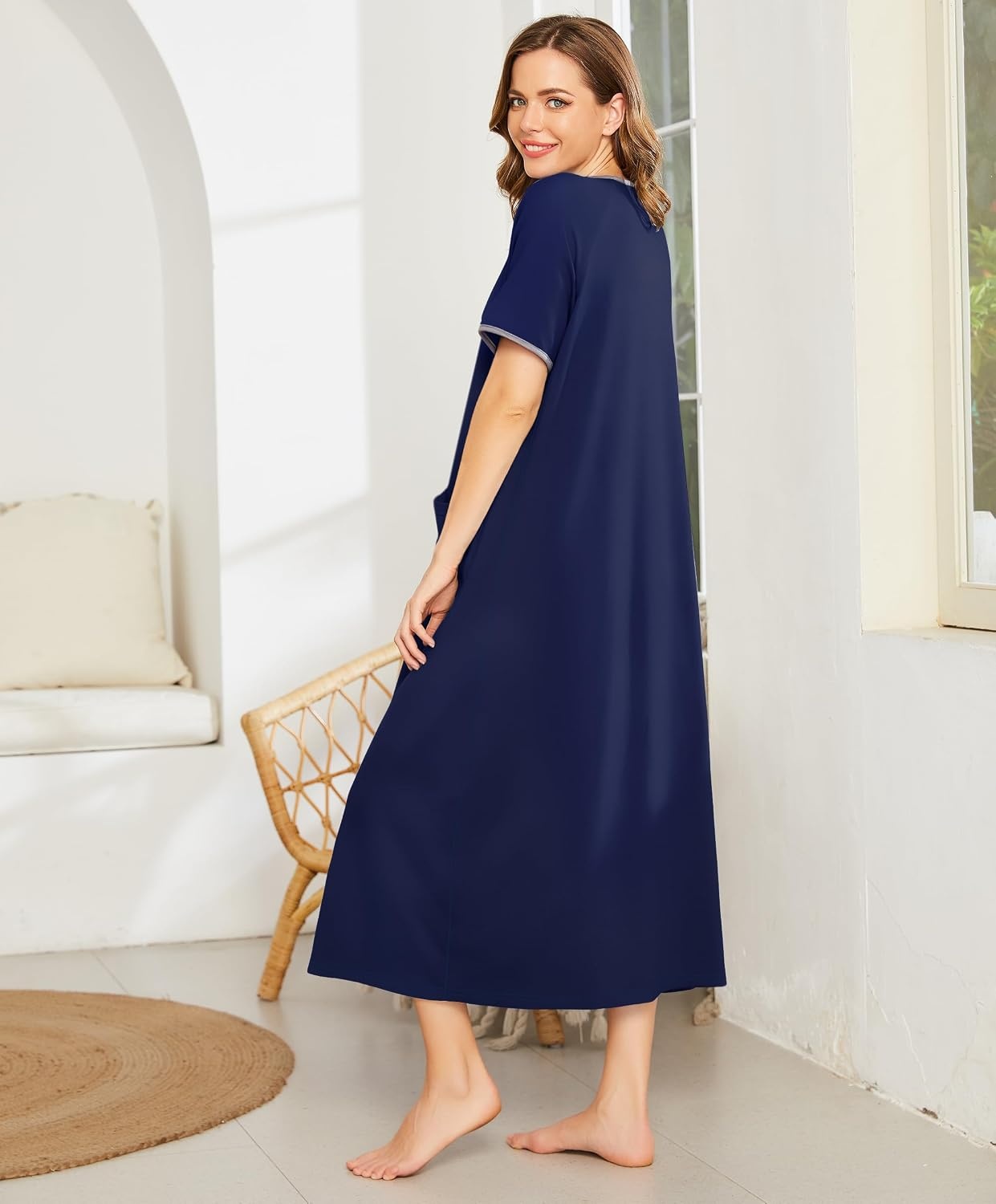 image:imageEkouaer Women Robe Zipper Short Sleeves Full Length House Coat with PocketsNavy Blue