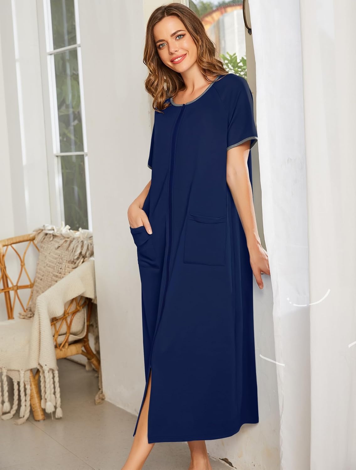 image:imageEkouaer Women Robe Zipper Short Sleeves Full Length House Coat with PocketsNavy Blue