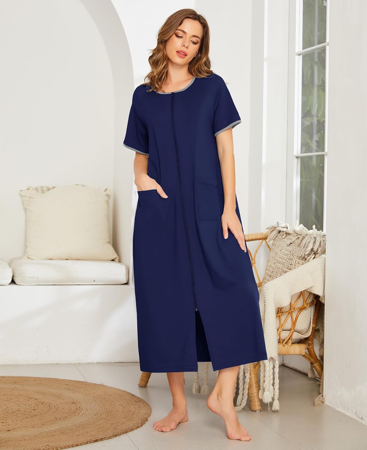 image:imageEkouaer Women Robe Zipper Short Sleeves Full Length House Coat with PocketsNavy Blue
