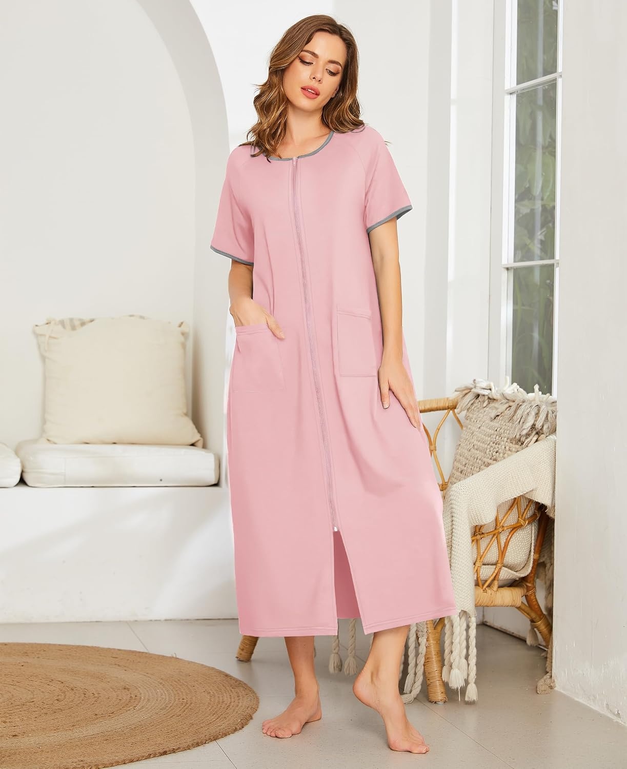 image:imageEkouaer Women Robe Zipper Short Sleeves Full Length House Coat with PocketsPink