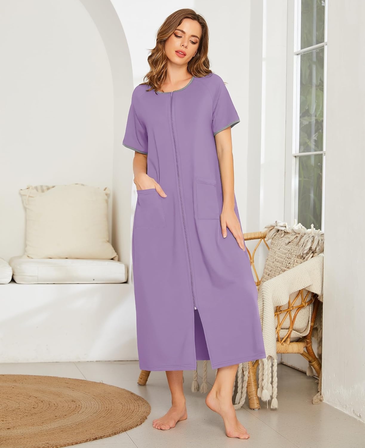image:imageEkouaer Women Robe Zipper Short Sleeves Full Length House Coat with PocketsPurple