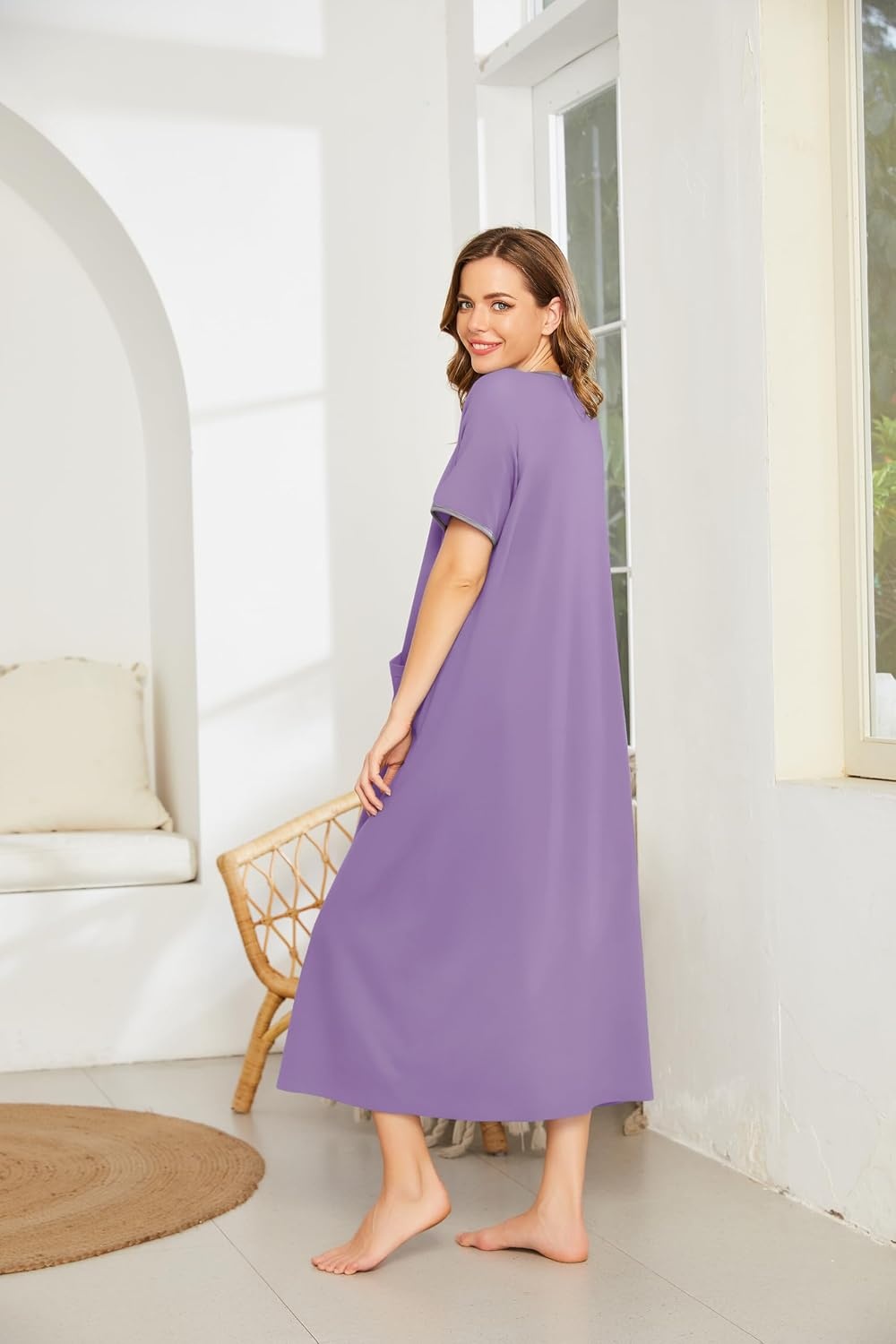 image:imageEkouaer Women Robe Zipper Short Sleeves Full Length House Coat with PocketsPurple
