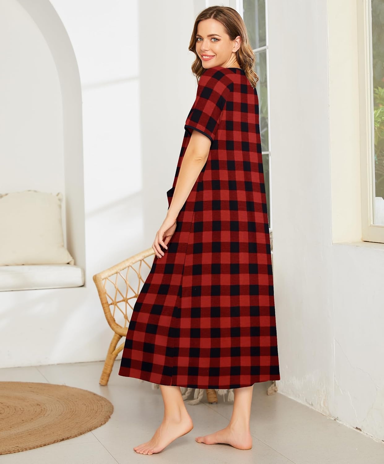 image:imageEkouaer Women Robe Zipper Short Sleeves Full Length House Coat with PocketsRed Plaid