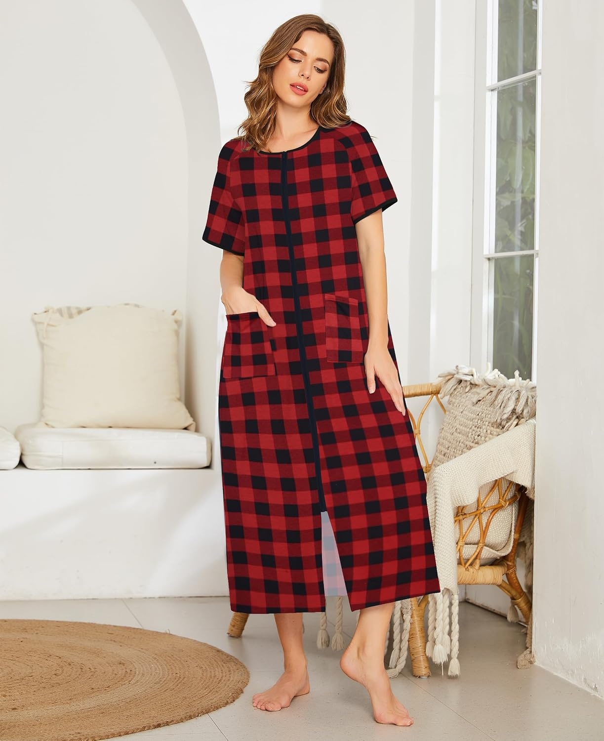 image:imageEkouaer Women Robe Zipper Short Sleeves Full Length House Coat with PocketsRed Plaid