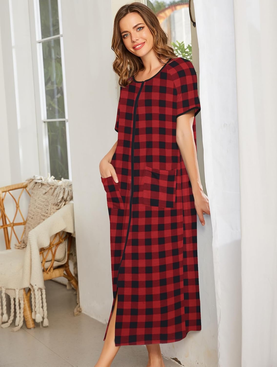 image:imageEkouaer Women Robe Zipper Short Sleeves Full Length House Coat with PocketsRed Plaid