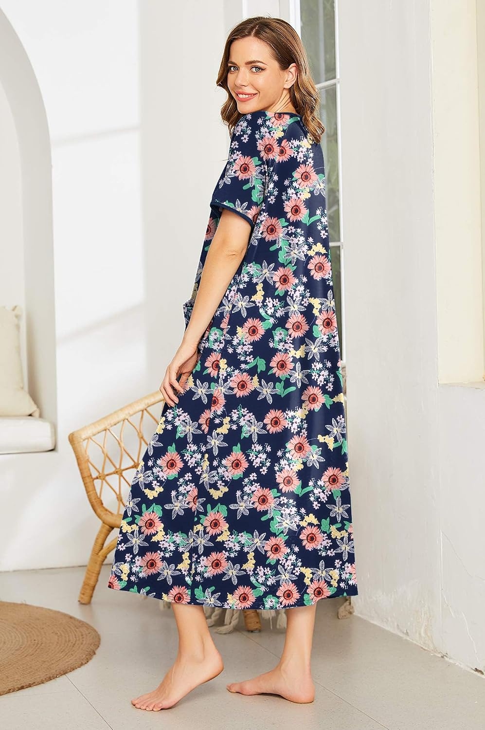 image:imageEkouaer Women Robe Zipper Short Sleeves Full Length House Coat with PocketsSunflower