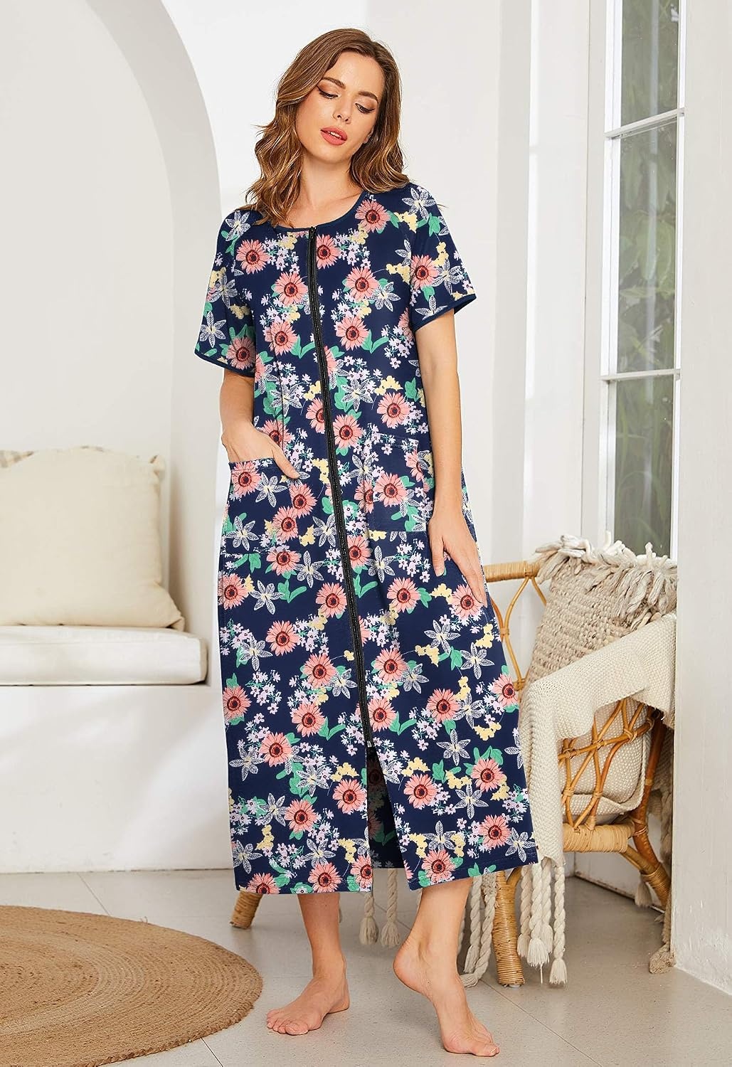 image:imageEkouaer Women Robe Zipper Short Sleeves Full Length House Coat with PocketsSunflower