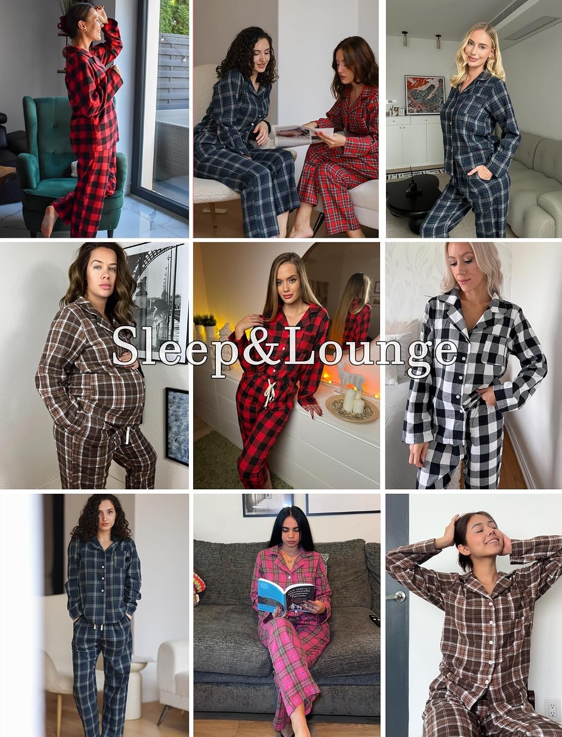 image:imageEkouaer Womens Cotton Plaid Pajama Set 2 Piece Long SleeveBig Black Red Plaid