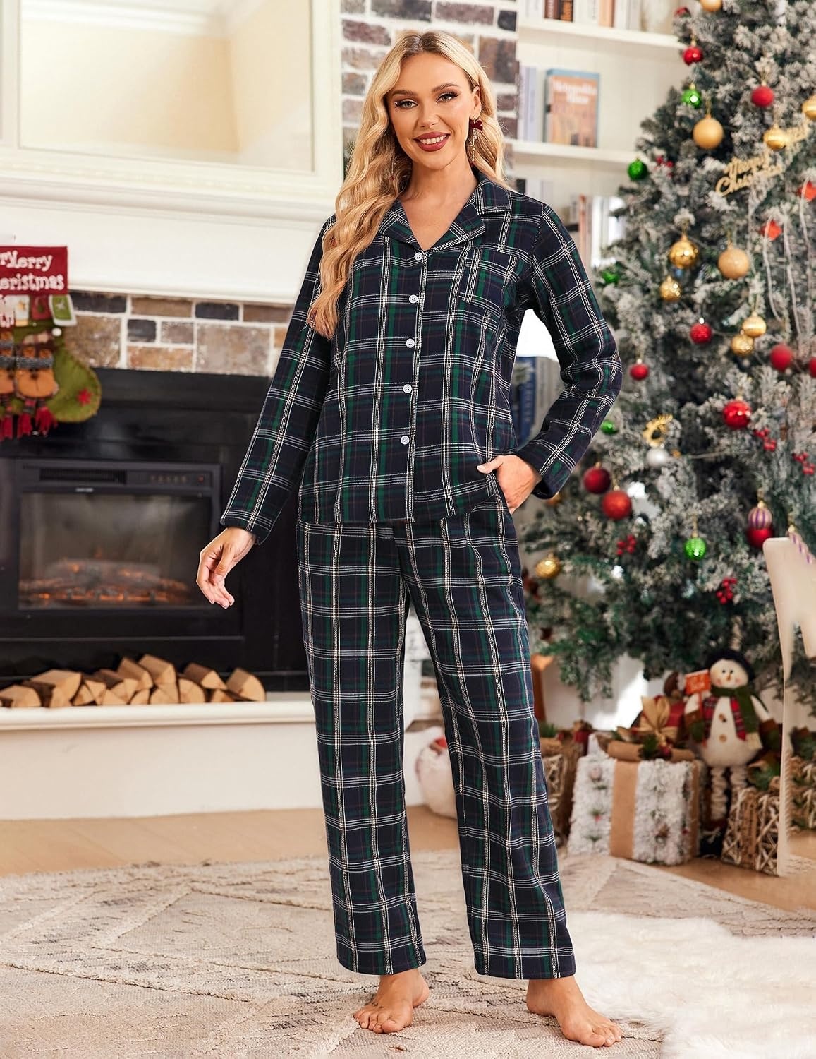 image:imageEkouaer Womens Cotton Plaid Pajama Set 2 Piece Long SleeveNavy BlueGreen Plaid