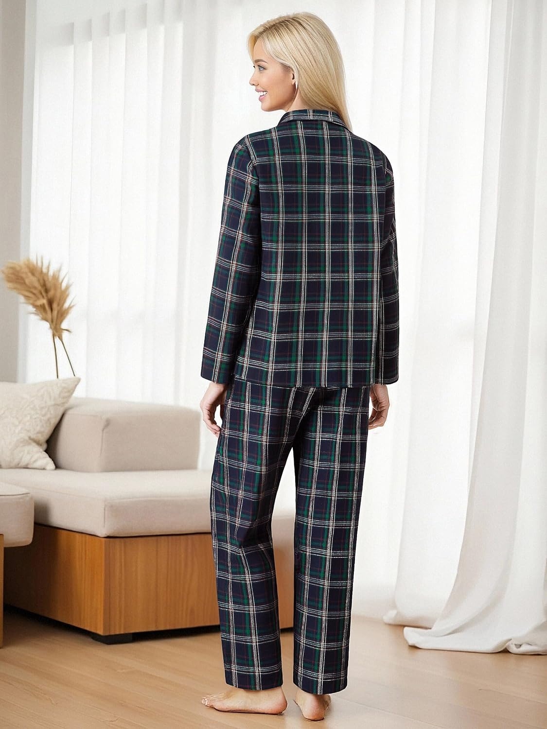 image:imageEkouaer Womens Cotton Plaid Pajama Set 2 Piece Long SleeveNavy BlueGreen Plaid