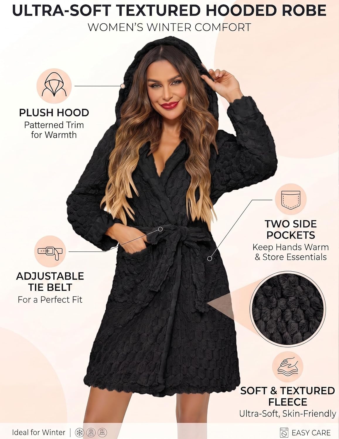 image:imageEkouaer Womens Hooded Bathrobe Short Fleece Robe Soft Luxury SleepwearA Blackjacquard