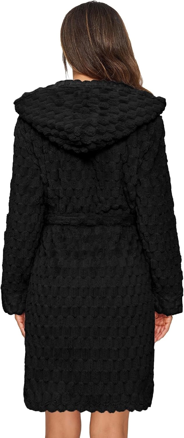 image:imageEkouaer Womens Hooded Bathrobe Short Fleece Robe Soft Luxury SleepwearA Blackjacquard