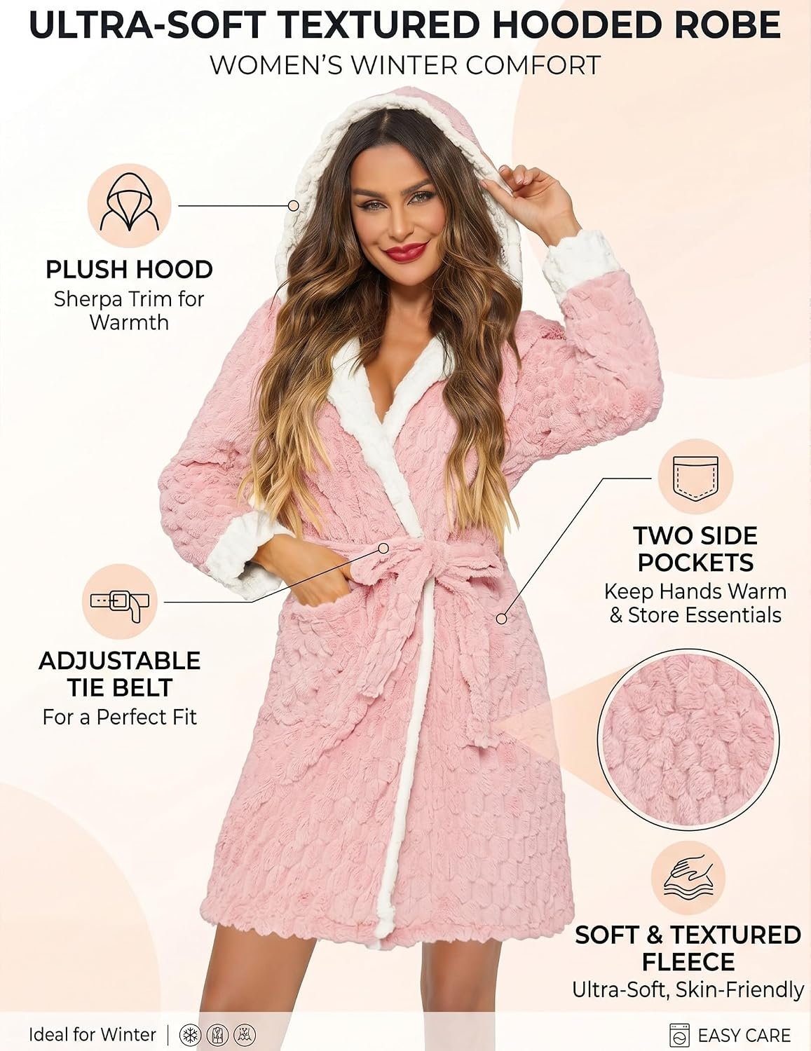 image:imageEkouaer Womens Hooded Bathrobe Short Fleece Robe Soft Luxury SleepwearA Hot Pinkjacquard