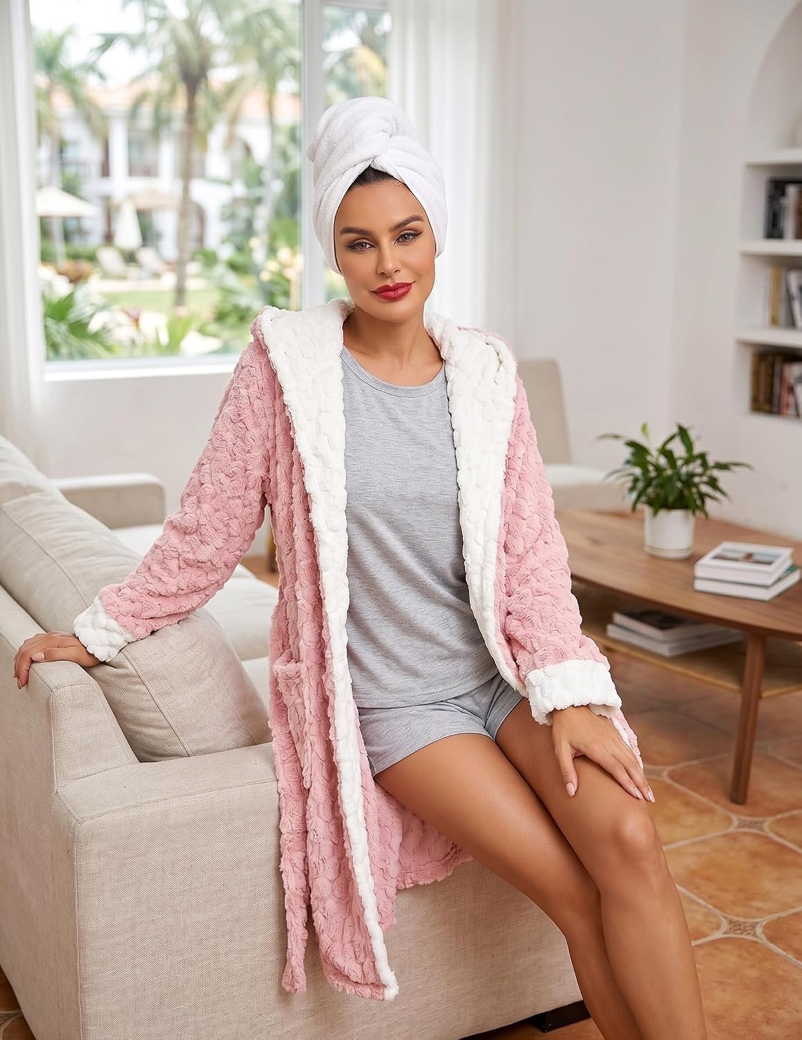 image:imageEkouaer Womens Hooded Bathrobe Short Fleece Robe Soft Luxury SleepwearA Hot Pinkjacquard