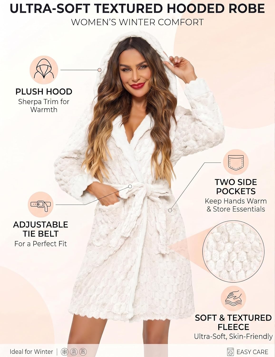 image:imageEkouaer Womens Hooded Bathrobe Short Fleece Robe Soft Luxury SleepwearA Whitejacquard