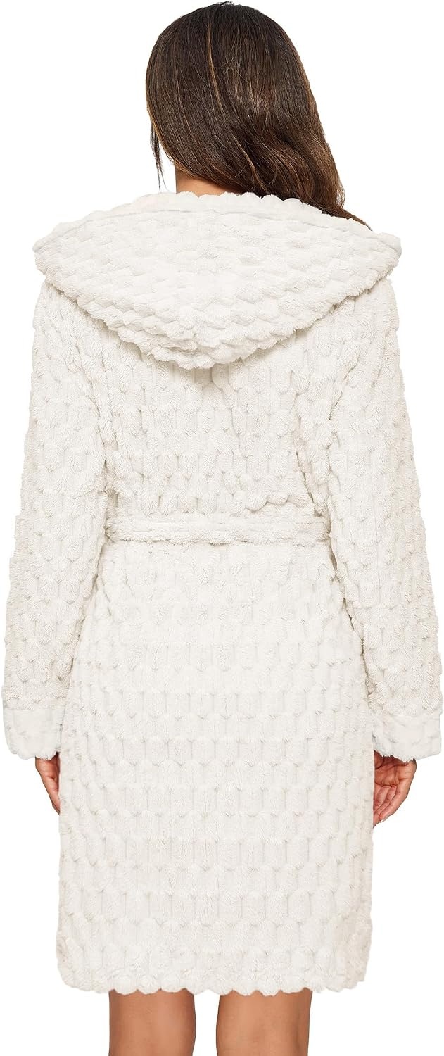 image:imageEkouaer Womens Hooded Bathrobe Short Fleece Robe Soft Luxury SleepwearA Whitejacquard