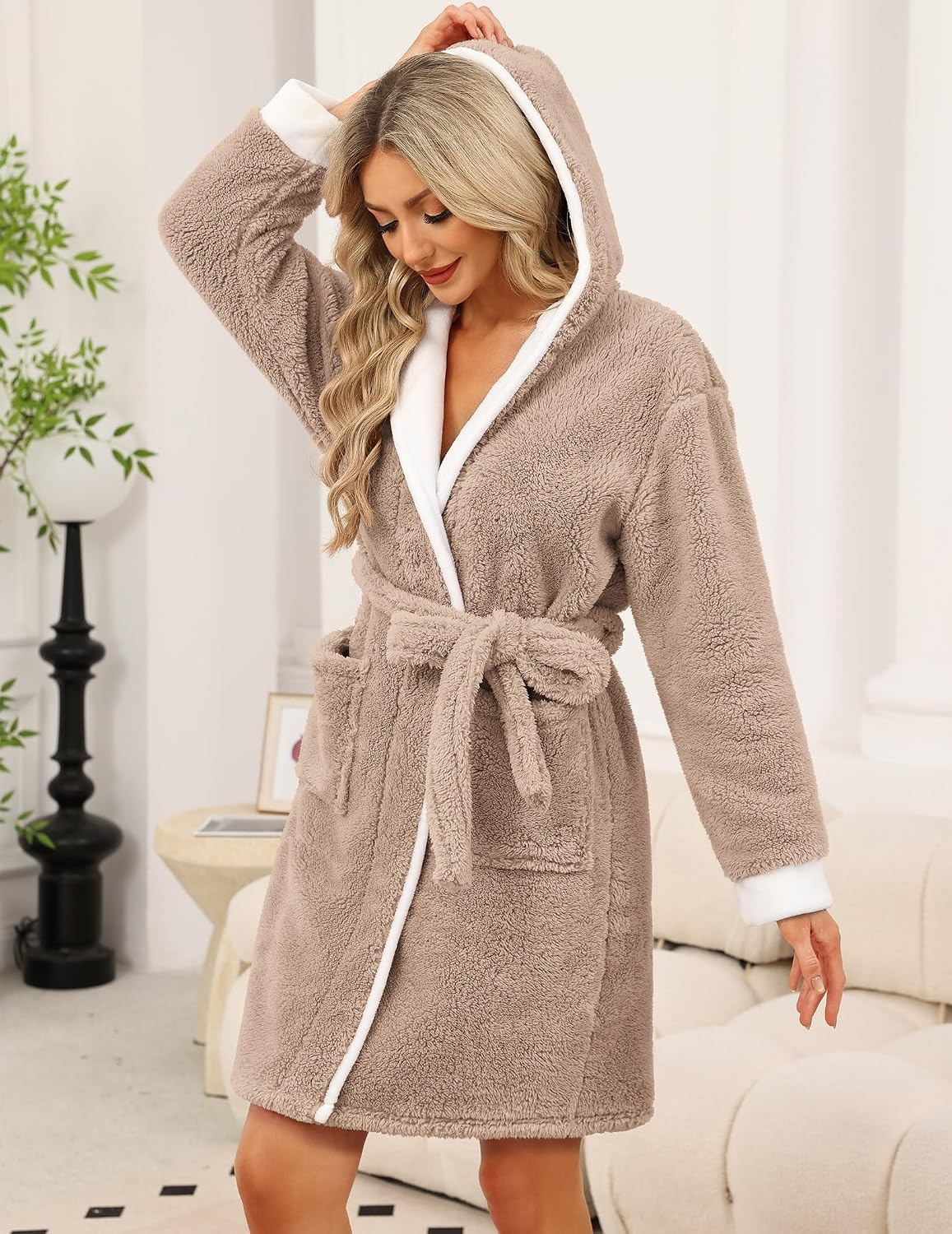 image:imageEkouaer Womens Hooded Bathrobe Short Fleece Robe Soft Luxury SleepwearB Khaki