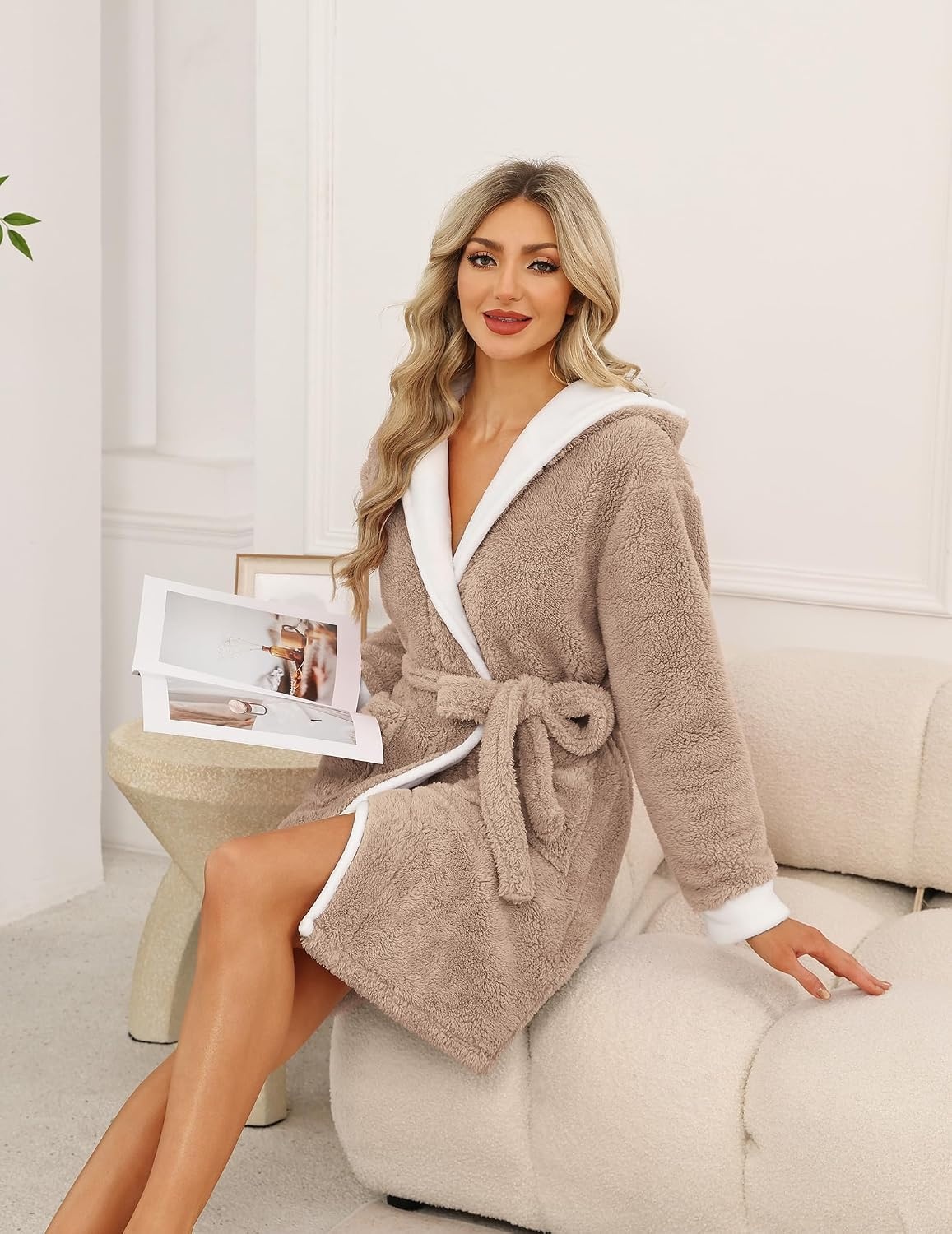 image:imageEkouaer Womens Hooded Bathrobe Short Fleece Robe Soft Luxury SleepwearB Khaki