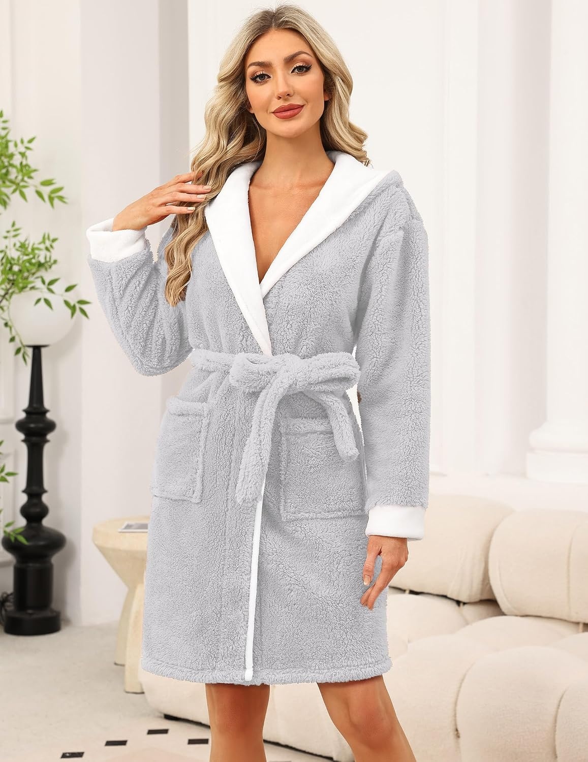 image:imageEkouaer Womens Hooded Bathrobe Short Fleece Robe Soft Luxury SleepwearB Light Grey