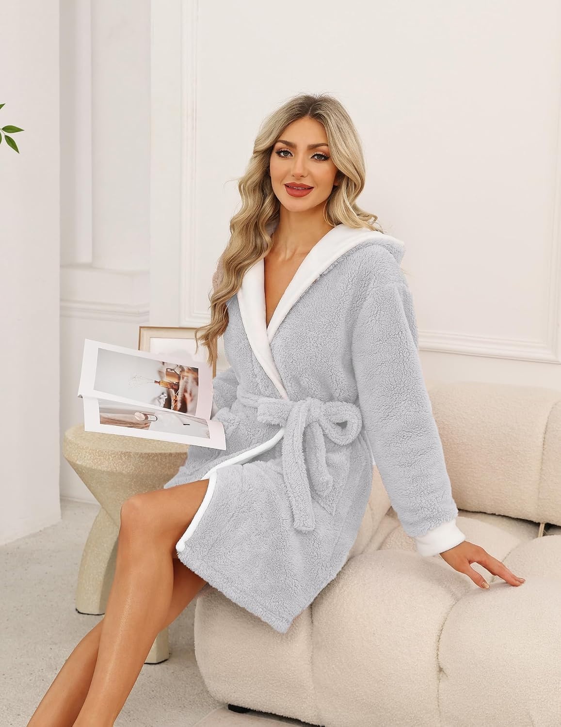 image:imageEkouaer Womens Hooded Bathrobe Short Fleece Robe Soft Luxury SleepwearB Light Grey