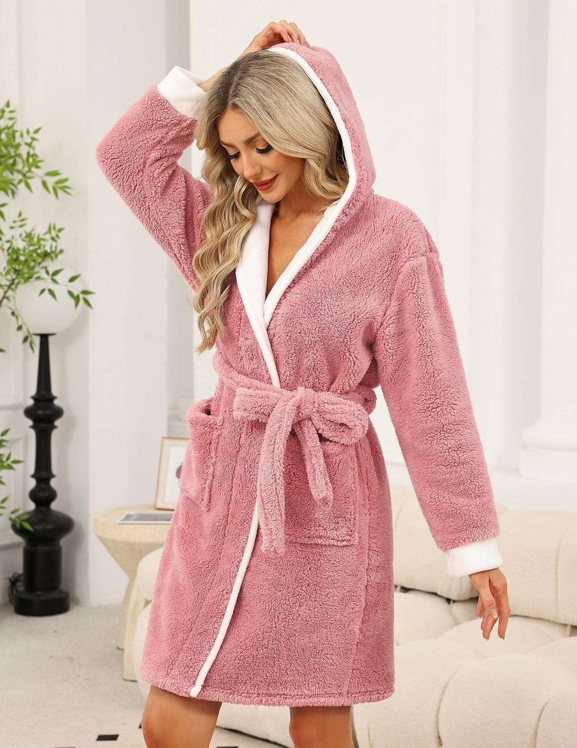 image:imageEkouaer Womens Hooded Bathrobe Short Fleece Robe Soft Luxury SleepwearB Rose Pink
