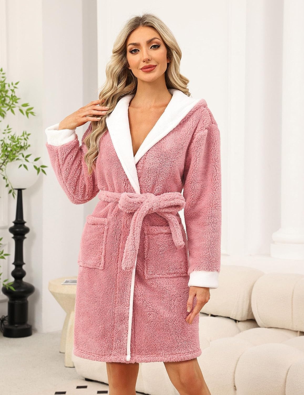 image:imageEkouaer Womens Hooded Bathrobe Short Fleece Robe Soft Luxury SleepwearB Rose Pink