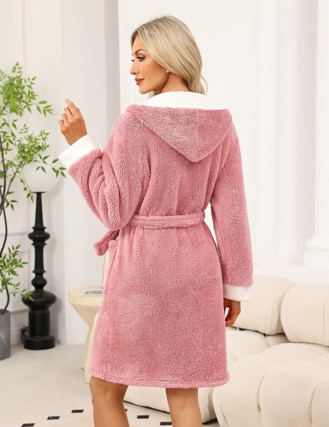 image:imageEkouaer Womens Hooded Bathrobe Short Fleece Robe Soft Luxury SleepwearB Rose Pink