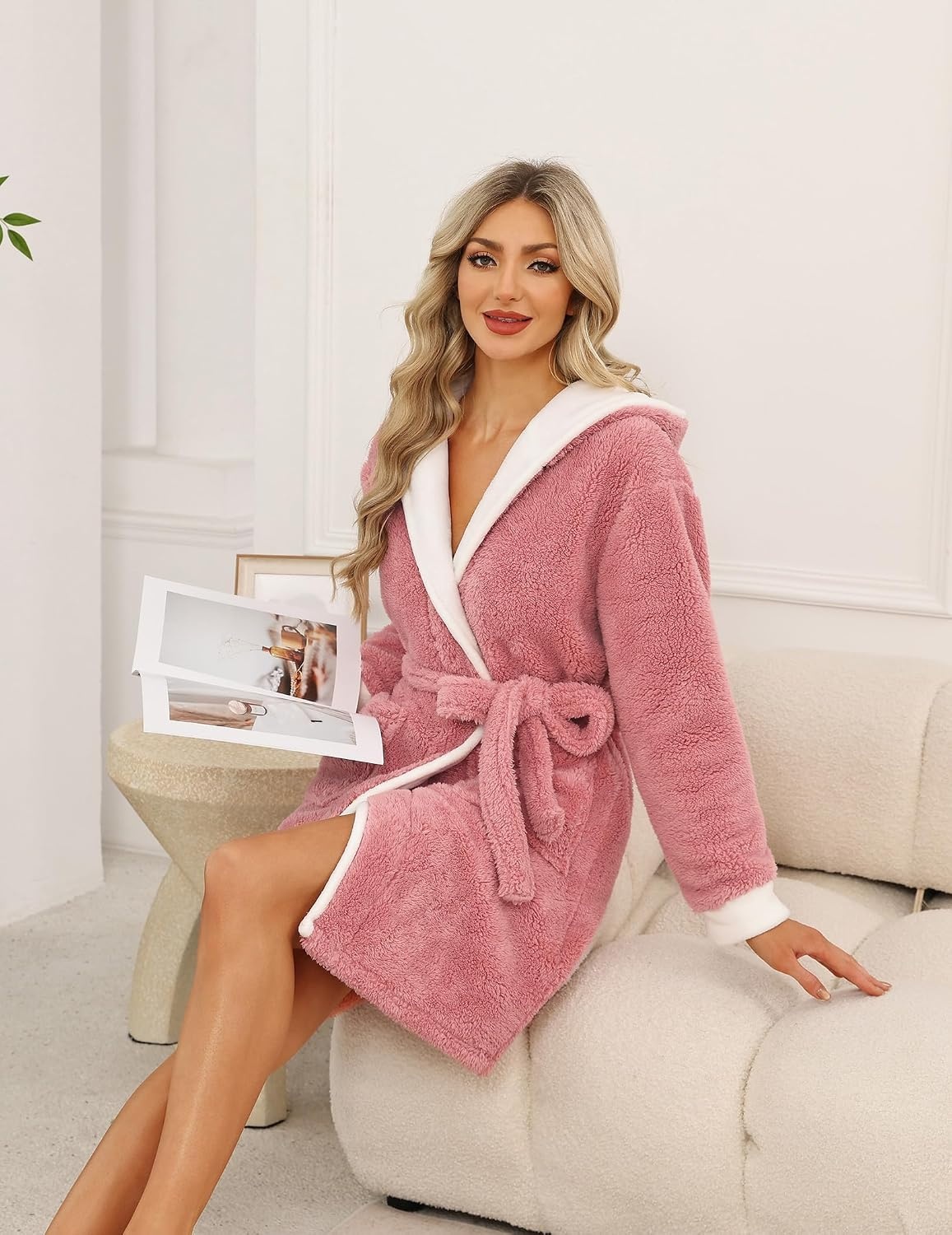 image:imageEkouaer Womens Hooded Bathrobe Short Fleece Robe Soft Luxury SleepwearB Rose Pink
