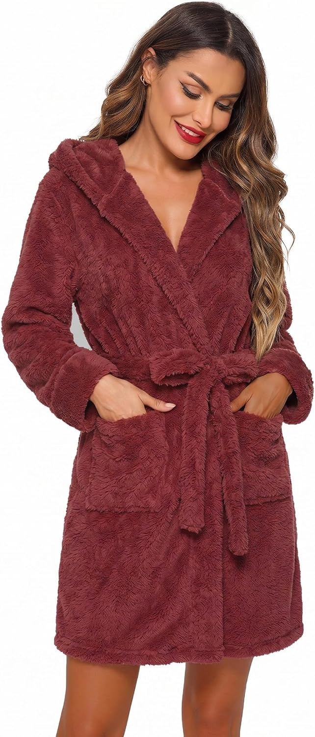 image:imageEkouaer Womens Hooded Bathrobe Short Fleece Robe Soft Luxury SleepwearB Wine Red