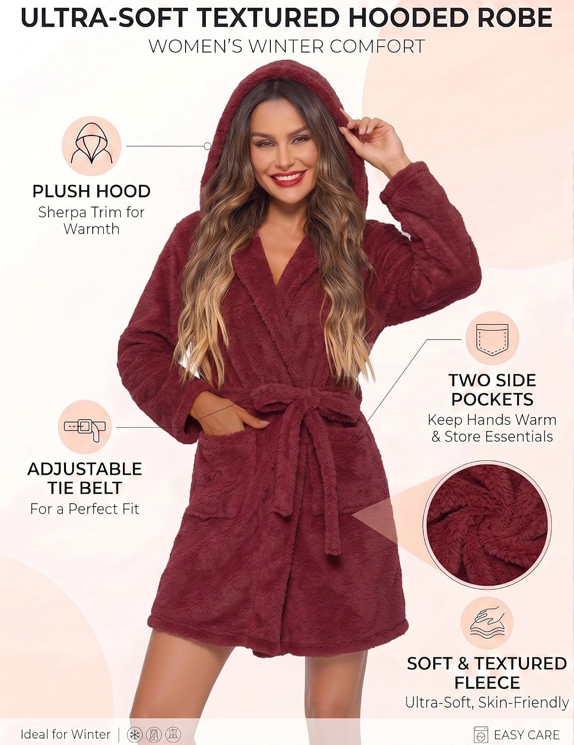 image:imageEkouaer Womens Hooded Bathrobe Short Fleece Robe Soft Luxury SleepwearB Wine Red
