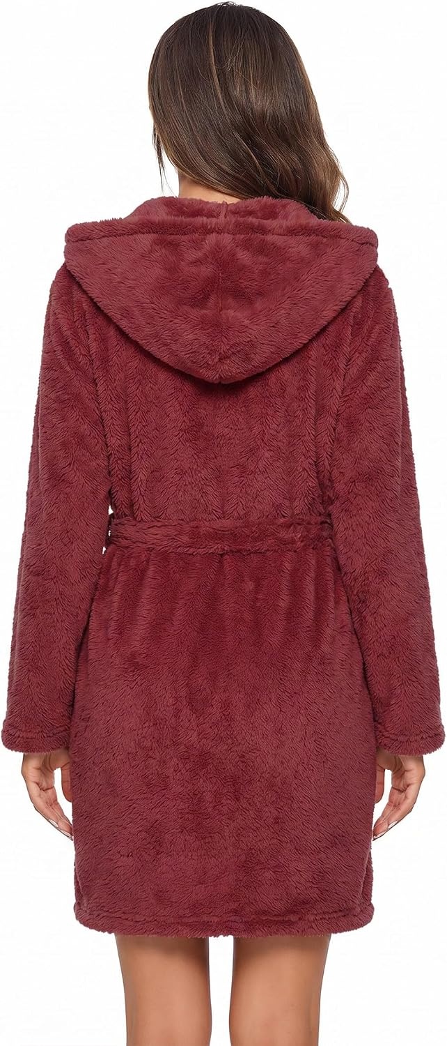 image:imageEkouaer Womens Hooded Bathrobe Short Fleece Robe Soft Luxury SleepwearB Wine Red