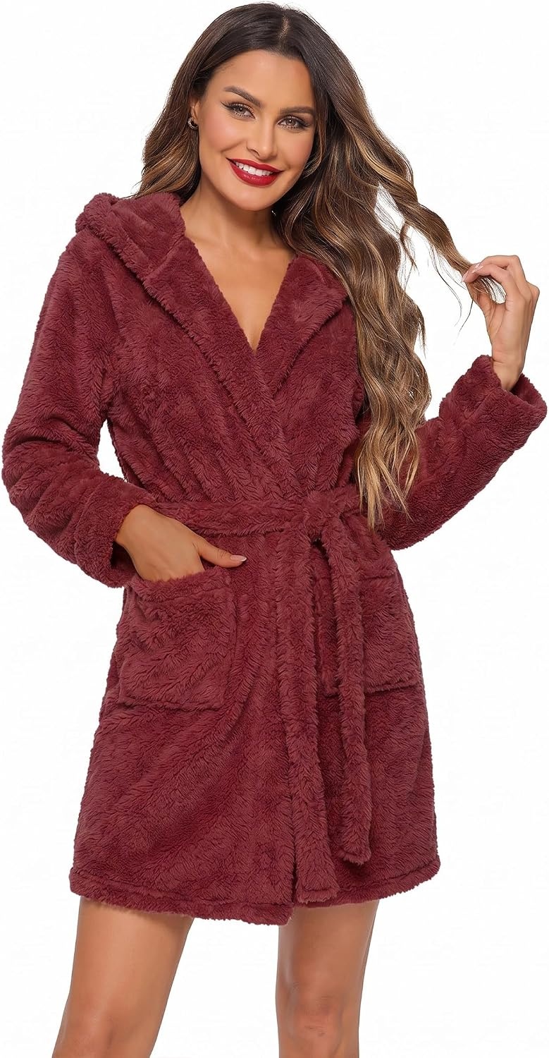 image:imageEkouaer Womens Hooded Bathrobe Short Fleece Robe Soft Luxury SleepwearB Wine Red