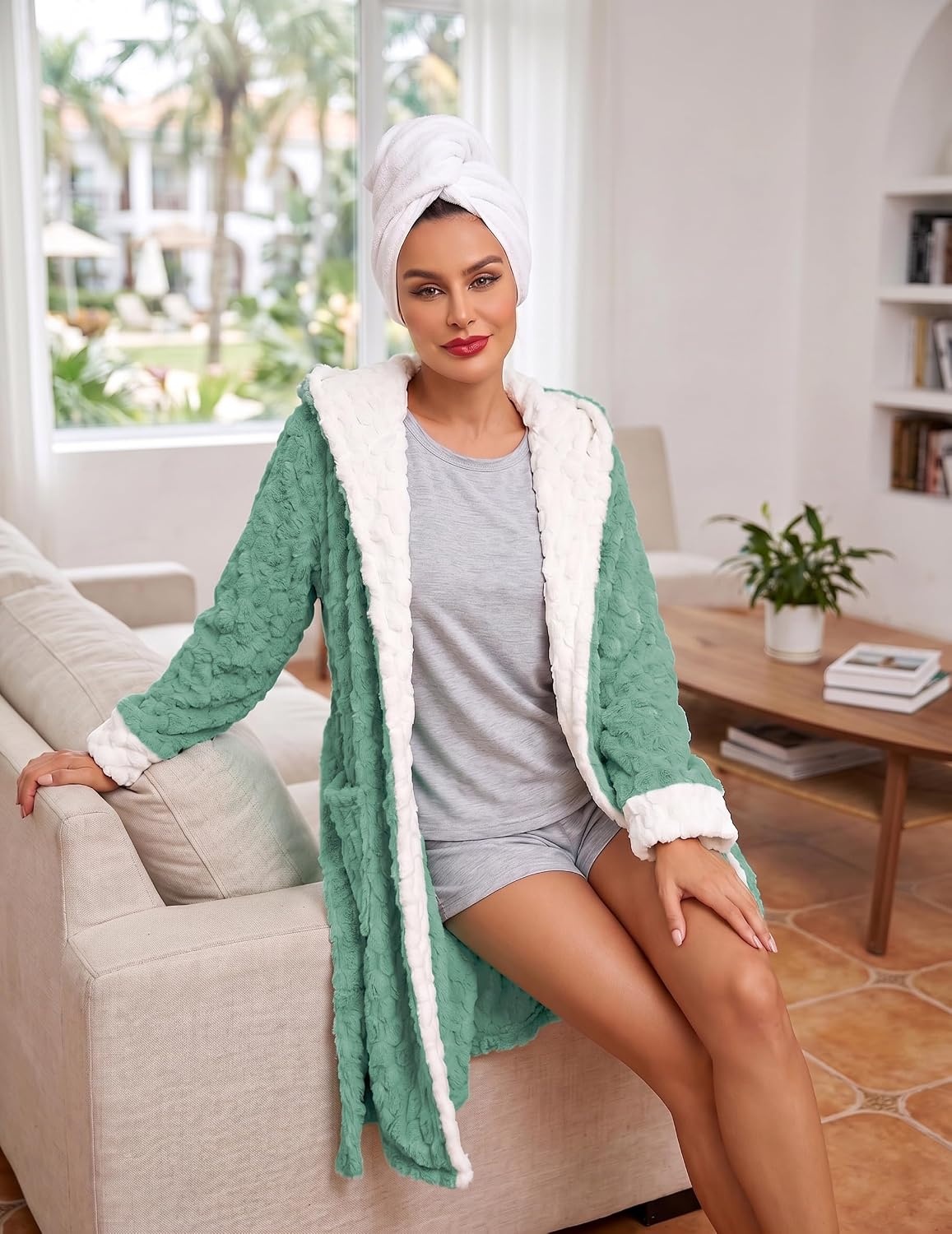 image:imageEkouaer Womens Hooded Bathrobe Short Fleece Robe Soft Luxury SleepwearGreenjacquard