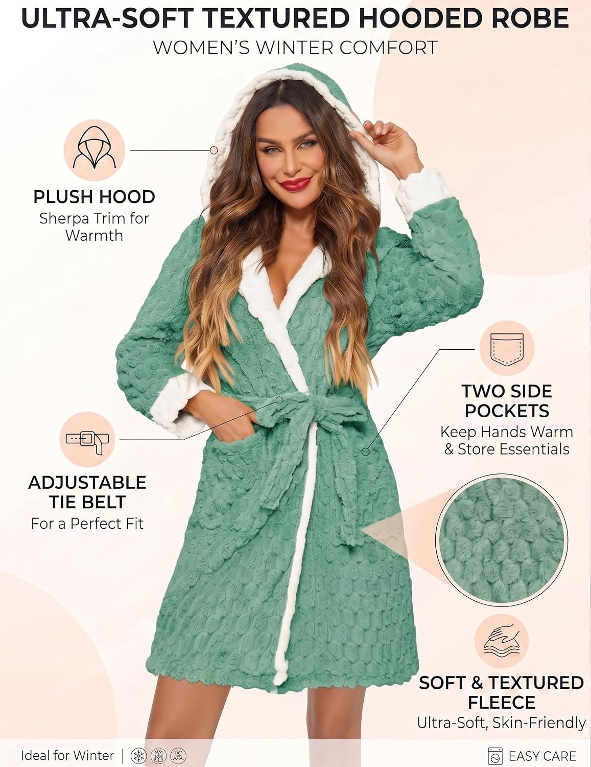 image:imageEkouaer Womens Hooded Bathrobe Short Fleece Robe Soft Luxury SleepwearGreenjacquard