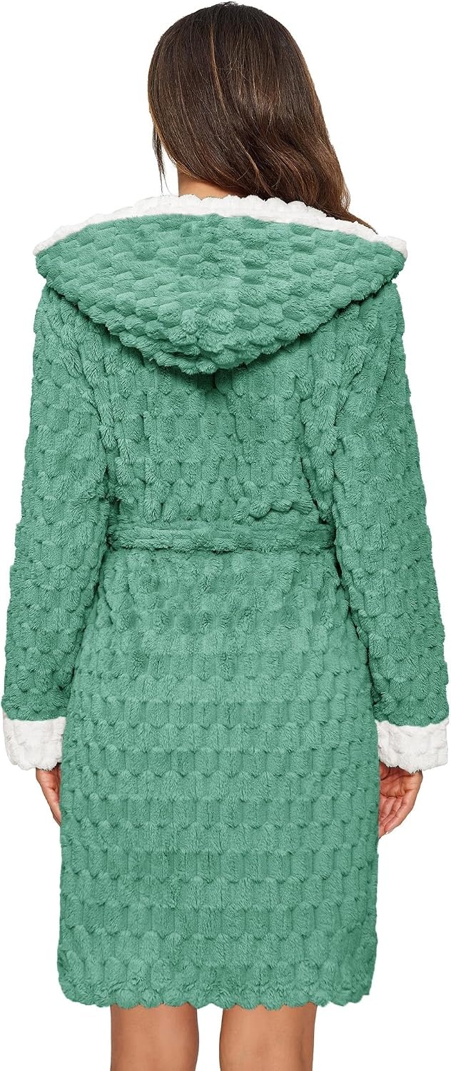 image:imageEkouaer Womens Hooded Bathrobe Short Fleece Robe Soft Luxury SleepwearGreenjacquard