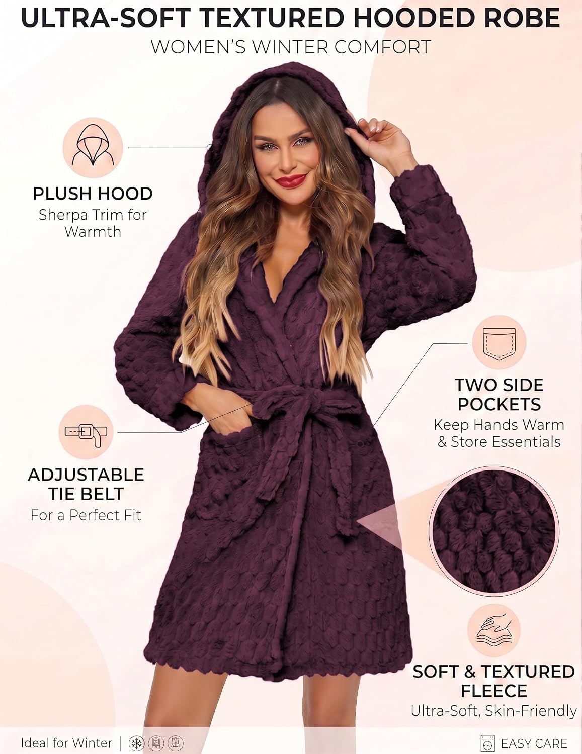 image:imageEkouaer Womens Hooded Bathrobe Short Fleece Robe Soft Luxury SleepwearJam Purplejacquard