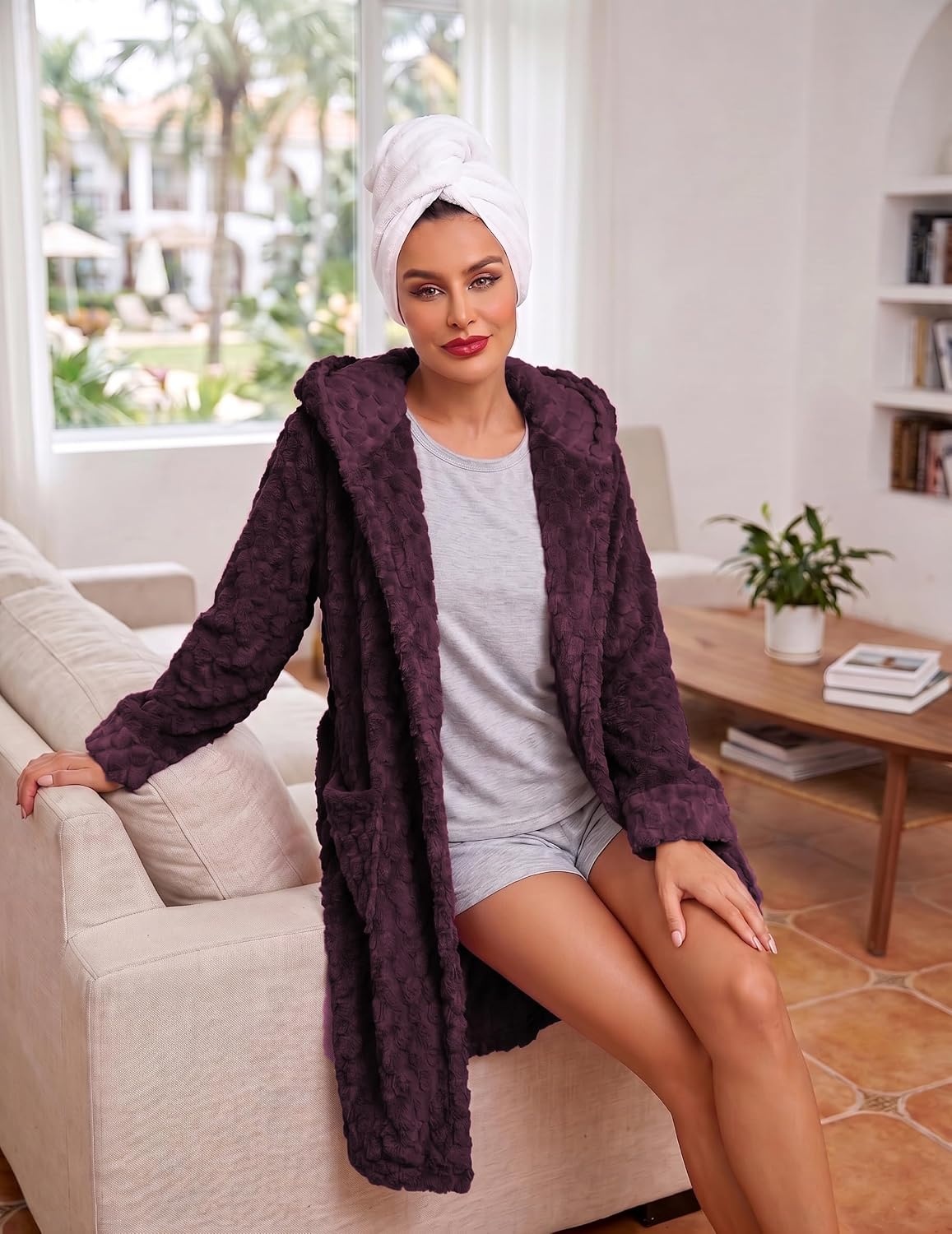image:imageEkouaer Womens Hooded Bathrobe Short Fleece Robe Soft Luxury SleepwearJam Purplejacquard