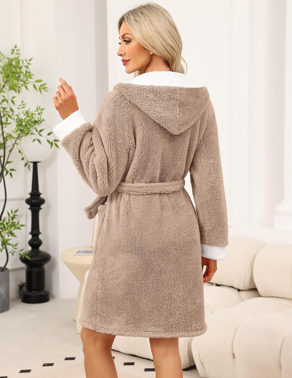 image:imageEkouaer Womens Hooded Bathrobe Short Fleece Robe Soft Luxury SleepwearKhaki