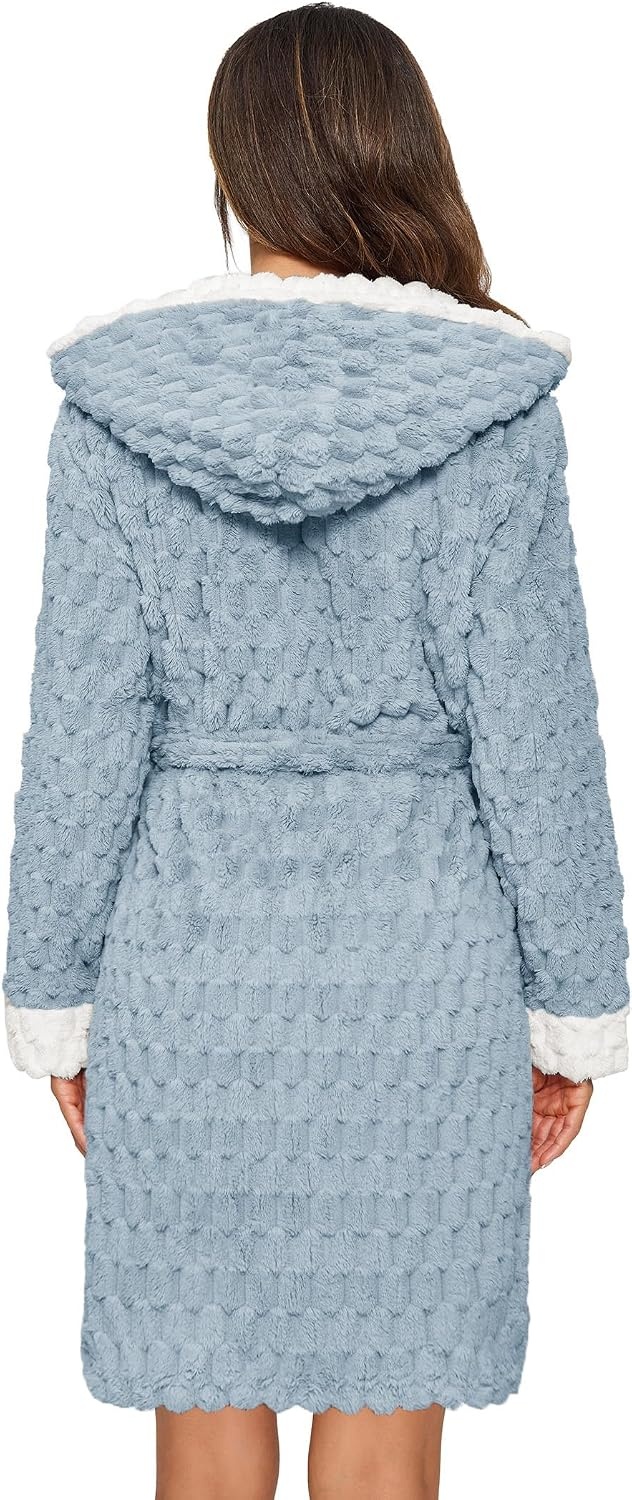 image:imageEkouaer Womens Hooded Bathrobe Short Fleece Robe Soft Luxury SleepwearLight Bluejacquard
