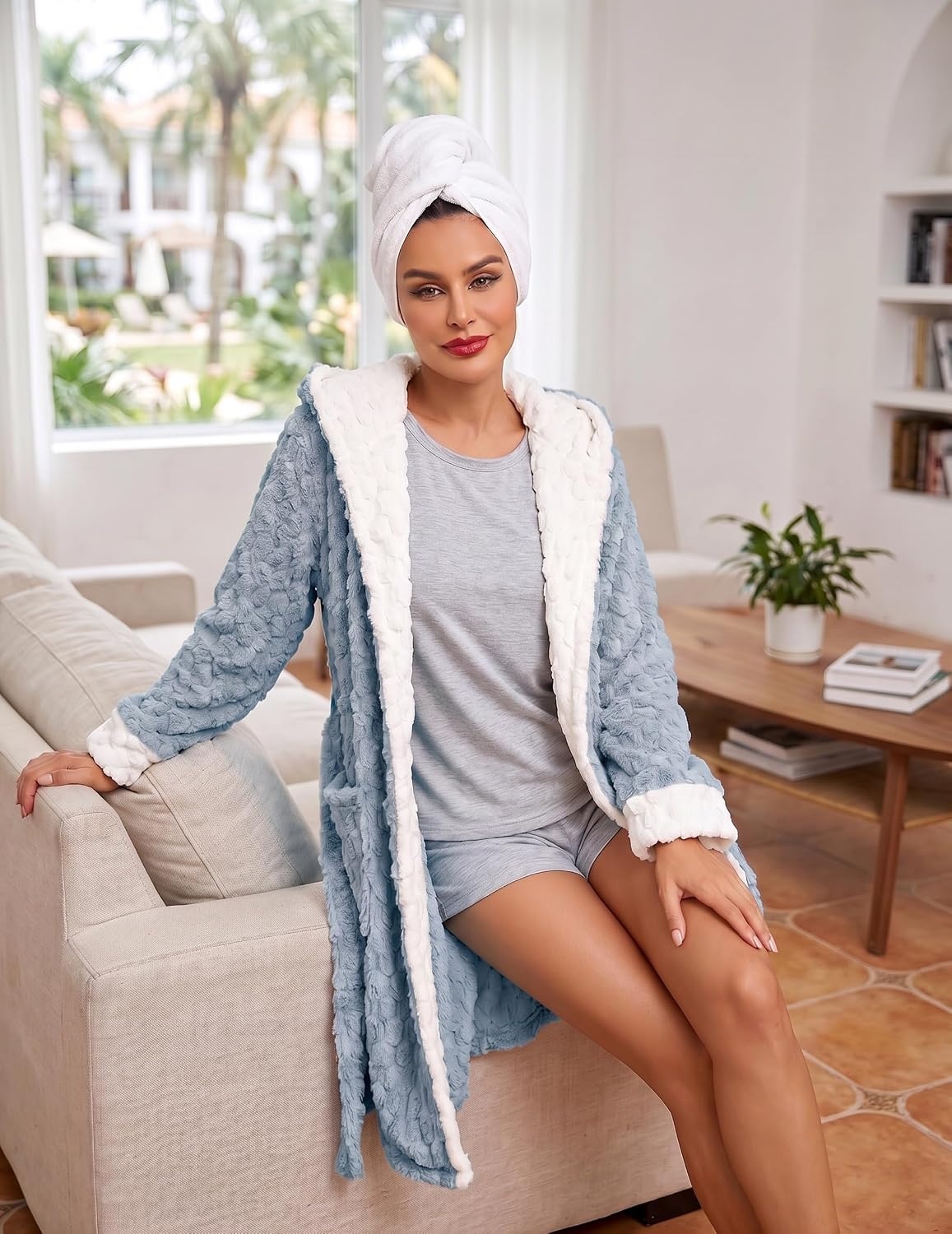 image:imageEkouaer Womens Hooded Bathrobe Short Fleece Robe Soft Luxury SleepwearLight Bluejacquard