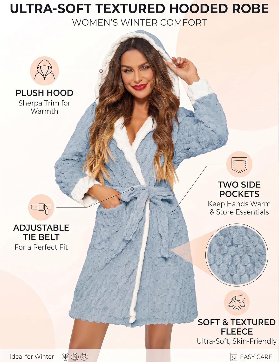 image:imageEkouaer Womens Hooded Bathrobe Short Fleece Robe Soft Luxury SleepwearLight Bluejacquard
