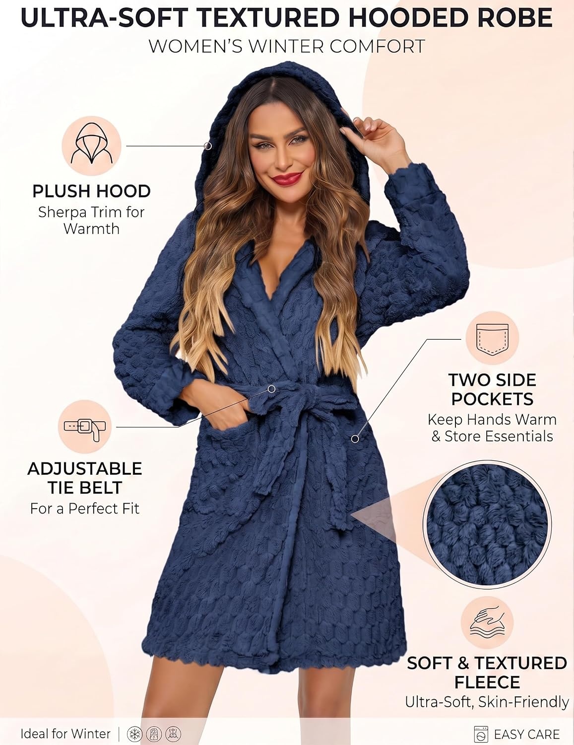 image:imageEkouaer Womens Hooded Bathrobe Short Fleece Robe Soft Luxury SleepwearNavy Bluejacquard