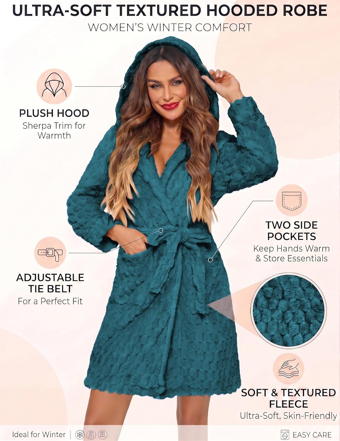 image:imageEkouaer Womens Hooded Bathrobe Short Fleece Robe Soft Luxury SleepwearPeacock Bluejacquard
