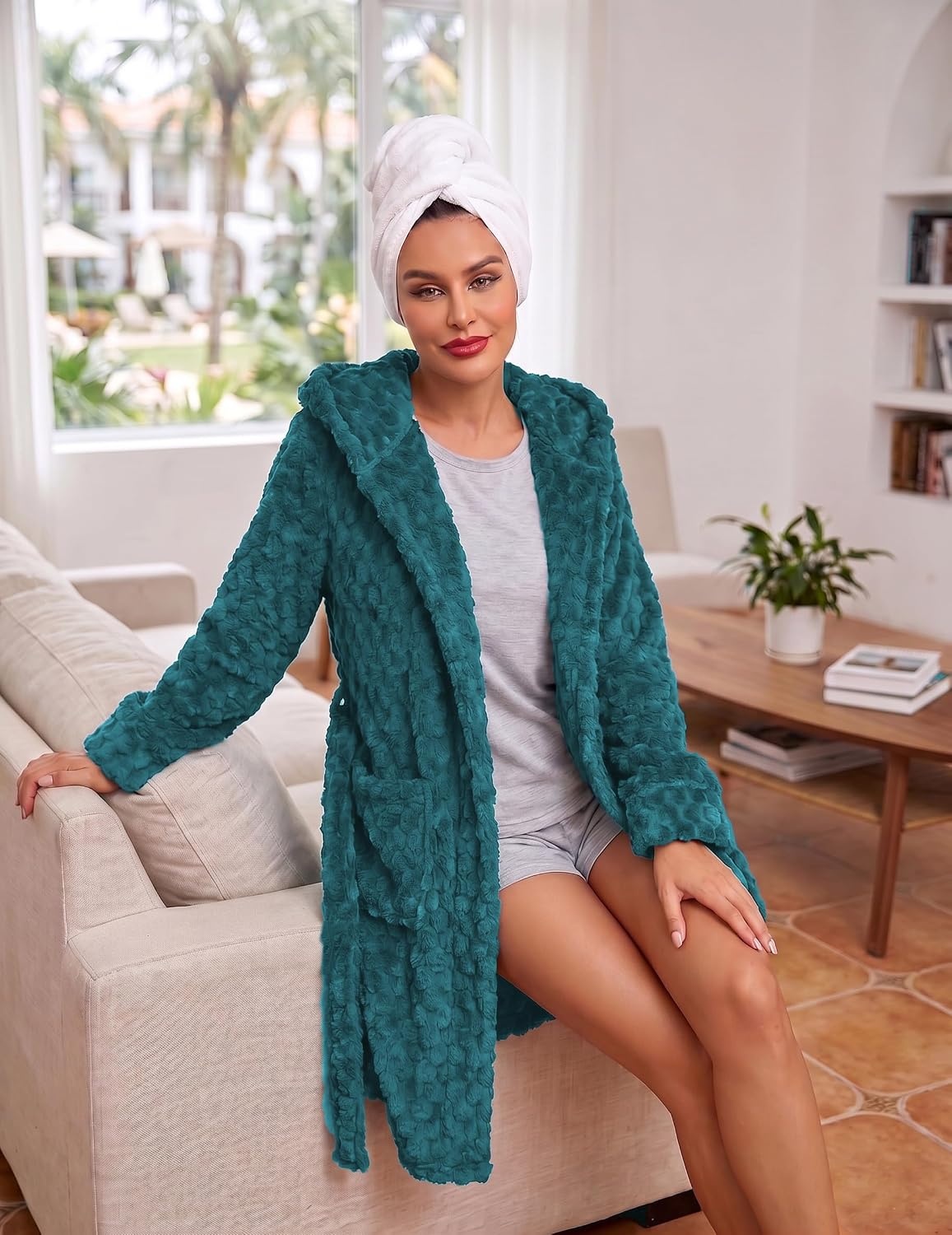 image:imageEkouaer Womens Hooded Bathrobe Short Fleece Robe Soft Luxury SleepwearPeacock Bluejacquard