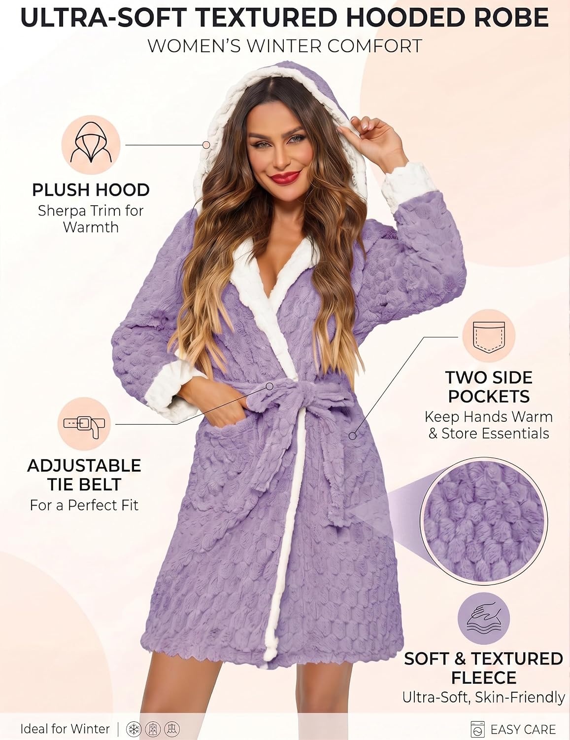image:imageEkouaer Womens Hooded Bathrobe Short Fleece Robe Soft Luxury SleepwearPurplejacquard