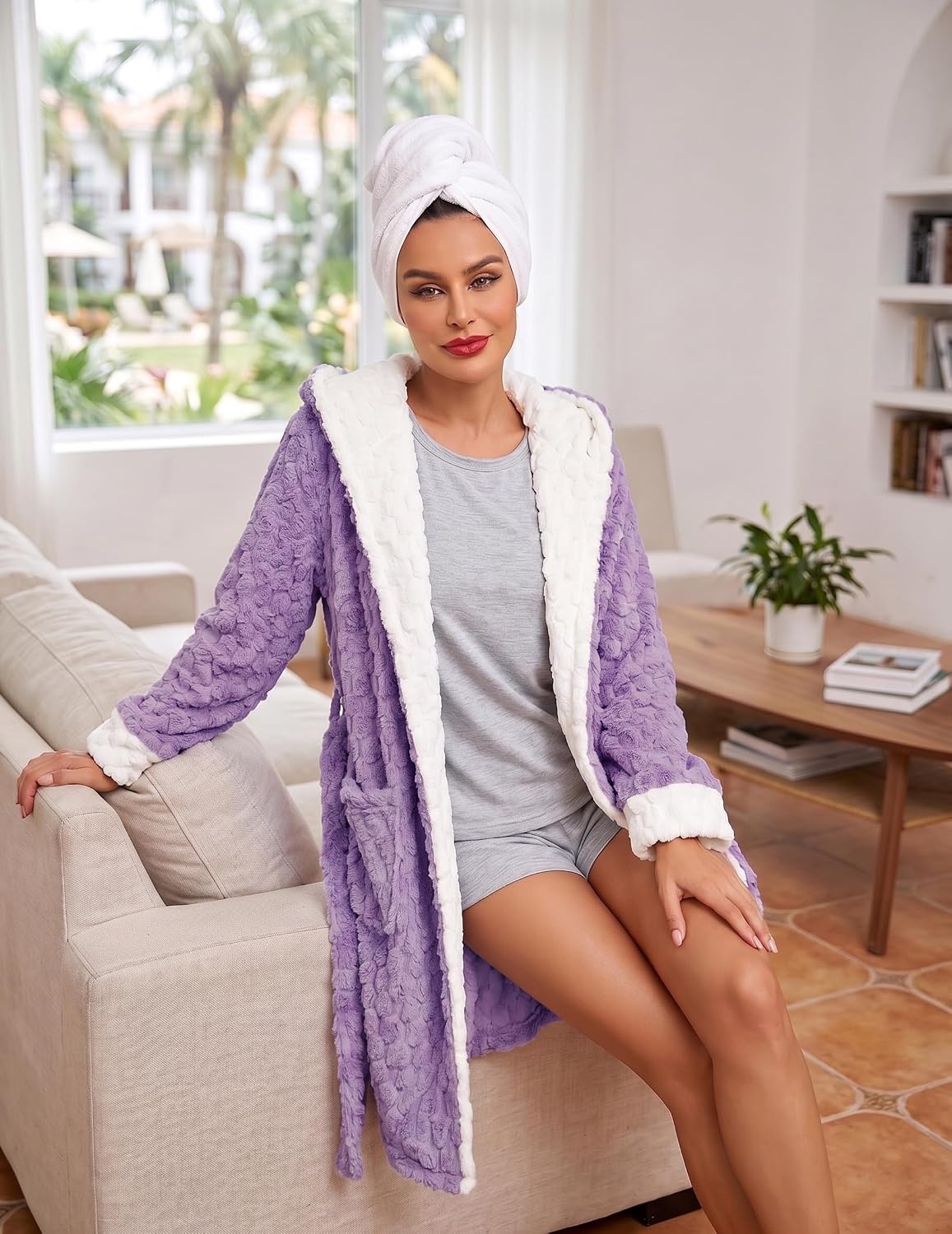 image:imageEkouaer Womens Hooded Bathrobe Short Fleece Robe Soft Luxury SleepwearPurplejacquard